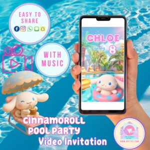 Cinnamoroll pool party video invitation with summer theme, blue water, beach floaties, and customizable party text.