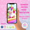 3D animated rainbow unicorn with sparkles and pastel clouds, featured in a magical digital birthday video invitation for kids