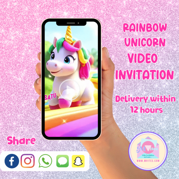 3D animated rainbow unicorn with sparkles and pastel clouds, featured in a magical digital birthday video invitation for kids