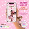 Minnie Mouse cowgirl video invitation in western theme with pink hat and boots