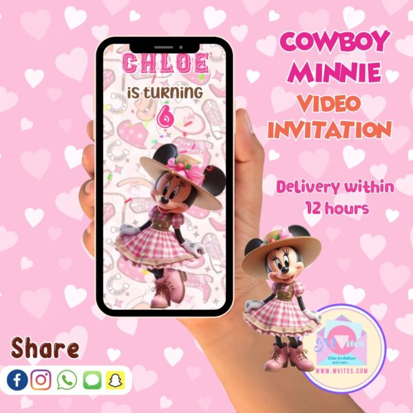 Minnie Mouse cowgirl video invitation in western theme with pink hat and boots