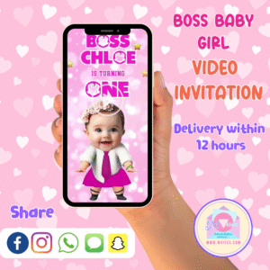 Boss Baby Girl birthday video invitation with personalized photo, pink and gold animated theme, vertical mobile format