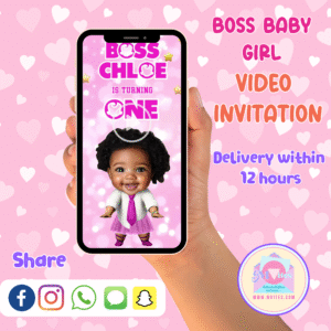 3D animated Boss Baby African American girl in a pink suit with birthday party graphics in a digital video invitation