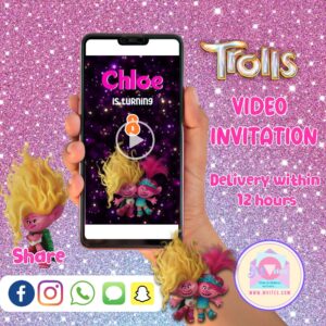 Poppy and Viva Trolls video invitation with colorful animated background for birthday party