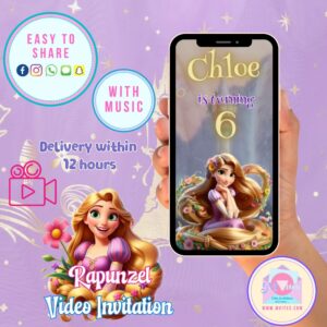 Rapunzel video invitation featuring magical floating lanterns and tower backdrop