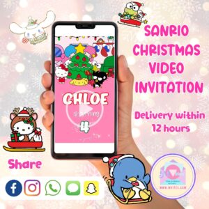 Sanrio Christmas-themed animated video invitation featuring Hello Kitty, Cinnamoroll, and Kuromi in a festive snowy setting with Christmas decorations