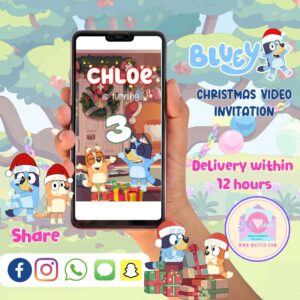 Bluey and family in a festive Christmas scene with lights and gifts, featured in a personalized animated digital video invitation for kids