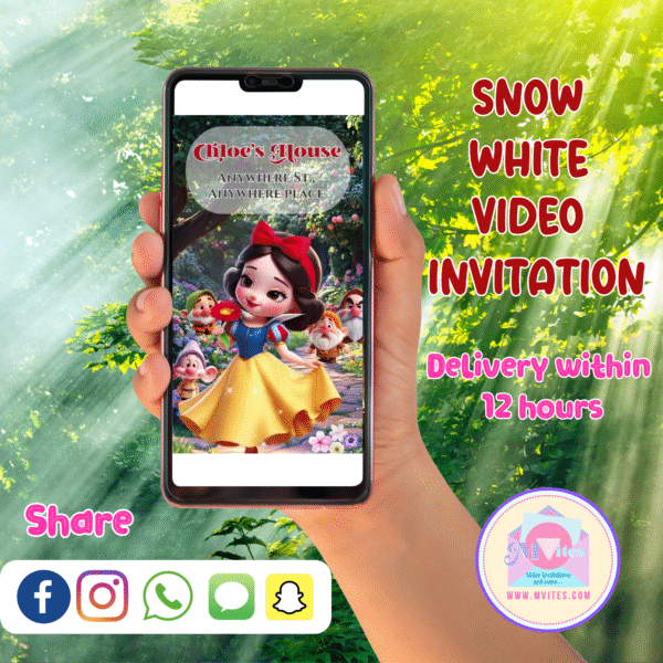 3D animated Snow White character in a magical forest with sparkles, used in a custom digital birthday video invitation