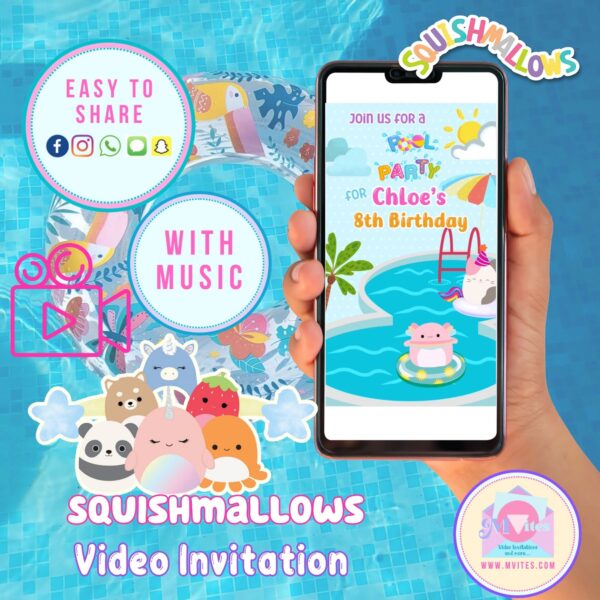 Cute Squishmallows pool party video invitation with pastel tones, colorful characters, and personalized birthday details in animated style.