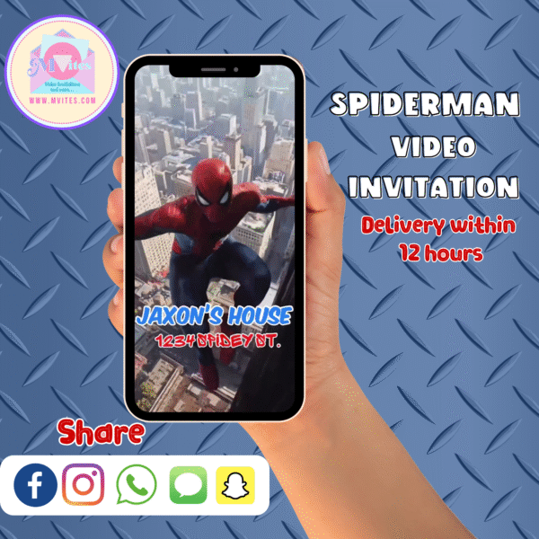 3D animated Spiderman swinging through the city with birthday details displayed for a digital video invitation