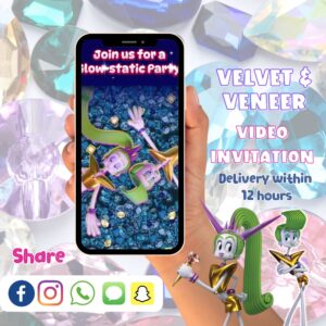 Colorful animated Velvet Veneer of Trolls video invitation with sparkles, musical background, and glam party theme in vertical mobile format.