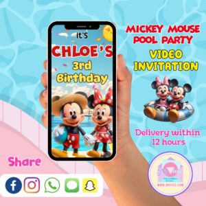 Mickey Mouse pool party video invitation with summer-themed animation