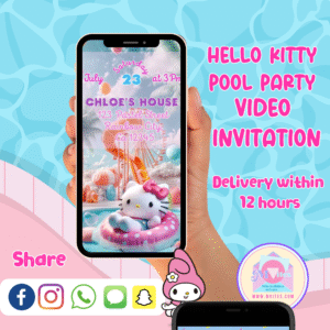 🎀 Hello Kitty Pool Party Video Invitation – Editable Digital Birthday Evite for Girls