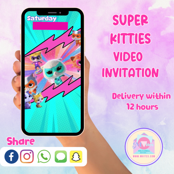 SuperKitties animated birthday video invitation featuring Ginny, Sparks, Buddy, and Bitsy with bright cartoon background