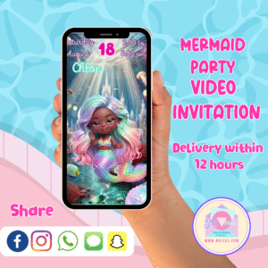 Animated African American mermaid birthday video invitation featuring a magical under-the-sea theme with ocean creatures and personalized party details.