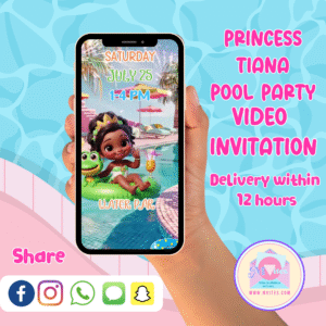 Animated Tiana Pool Party Video Invitation with colorful tropical background and birthday text overlay
