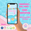 Cinnamoroll cartoon pool party video invitation with cute pastel floats, animated background, and summer birthday theme