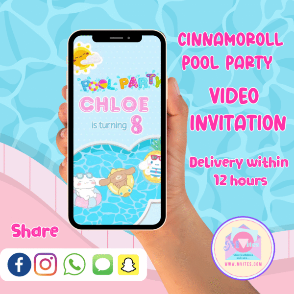 Cinnamoroll cartoon pool party video invitation with cute pastel floats, animated background, and summer birthday theme