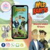 Wild Kratts animated video invitation for kids with creature power suits, animal graphics, and bold green jungle background, formatted for mobile sharing.