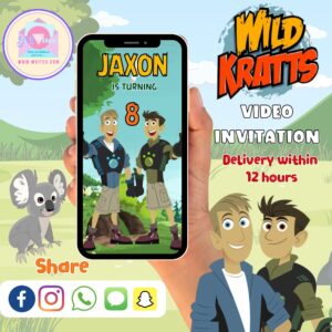 Wild Kratts animated video invitation for kids with creature power suits, animal graphics, and bold green jungle background, formatted for mobile sharing.