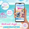 Tropical animated video invitation featuring Stitch and Angel with vibrant Hawaiian background and personalized birthday details in mobile format.