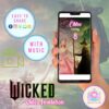 Wicked musical video invitation with green and black theme, featuring animated party details in vertical mobile format.