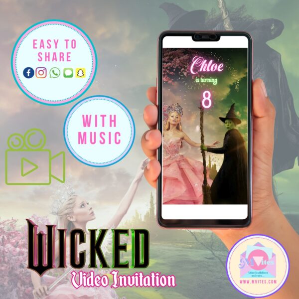 Wicked musical video invitation with green and black theme, featuring animated party details in vertical mobile format.