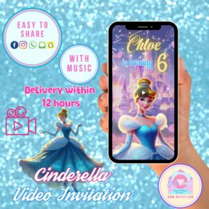 Cinderella-themed video invitation with magical castle background and soft pastel colors, in a vertical mobile-friendly format.
