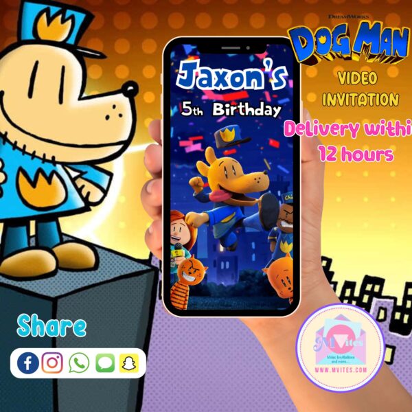 Dog Man-themed animated video invitation with comic book style and party details