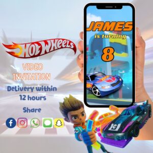 Animated Hot Wheels video invitation with racing cars, bold colors, and personalized birthday party details for boys.