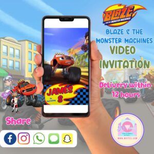 Colorful Blaze and the Monster Machines video invitation featuring animated monster trucks, bright backgrounds, and personalized birthday details for kids.