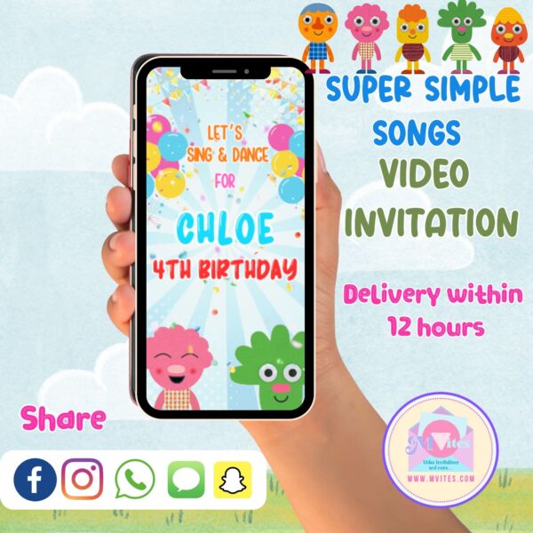 Colorful Super Simple Songs video invitation featuring animated nursery characters with bright backgrounds and custom text for a child’s birthday party.